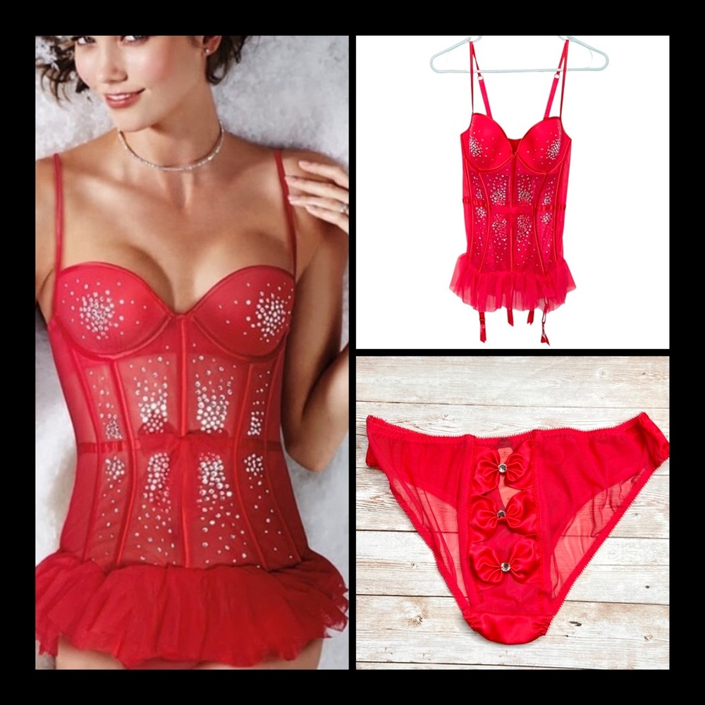 Victoriaโs Secret Red Lace Bling Lingerie Corset and Panty Set 36C/M